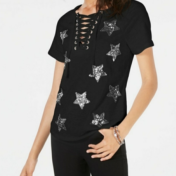 INC International Concepts Tops - New I.N.C. Sequined Stars & Lace-up T-shirt